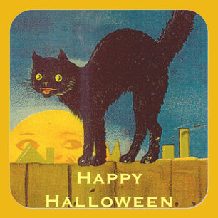 Pegatina Cuadrada Gato negro vintage de Halloween