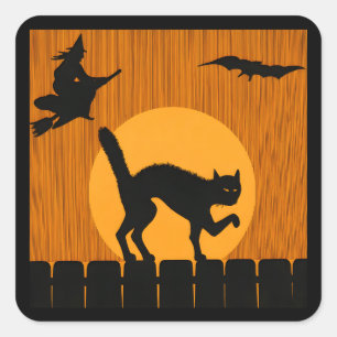 Pegatina Cuadrada Gato negro vintage de Halloween, silueta de bruja
