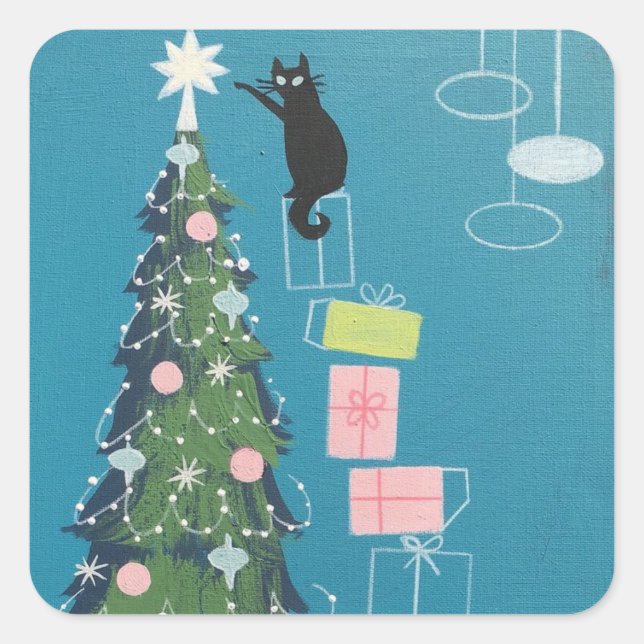 Pegatina Cuadrada Gato negro vintage decorando árbol de Navidad (Anverso)