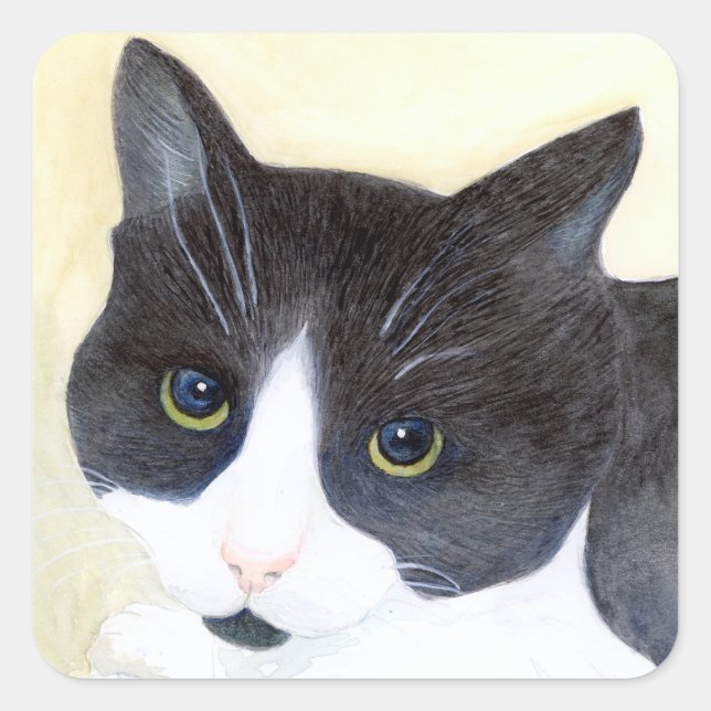 Pegatina Cuadrada Gato negro y blanco (Anverso)