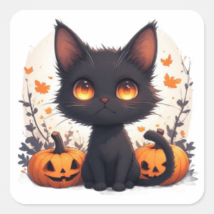Pegatina Cuadrada Gato Negro y Calabaza de Otoño