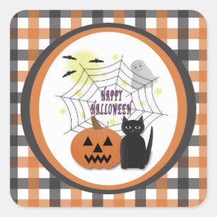 Pegatina Cuadrada Gato negro y calabaza no asusta Halloween