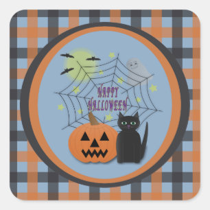 Pegatina Cuadrada Gato negro y calabaza no asusta Halloween