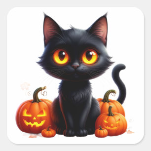 Pegatina Cuadrada Gato Negro y Calabazas con Guantes