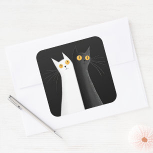 Pegatina Cuadrada Gato Negro y Gatos Blancos sobre Negro