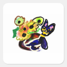 Pegatina Cuadrada Gato negro y girasoles