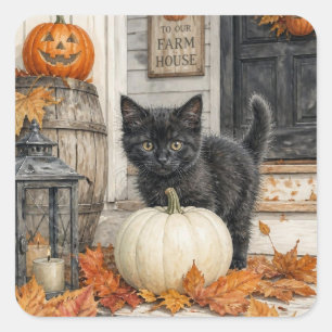 Pegatina Cuadrada Gato Negro y Granja de Calabazas Halloween de Casa