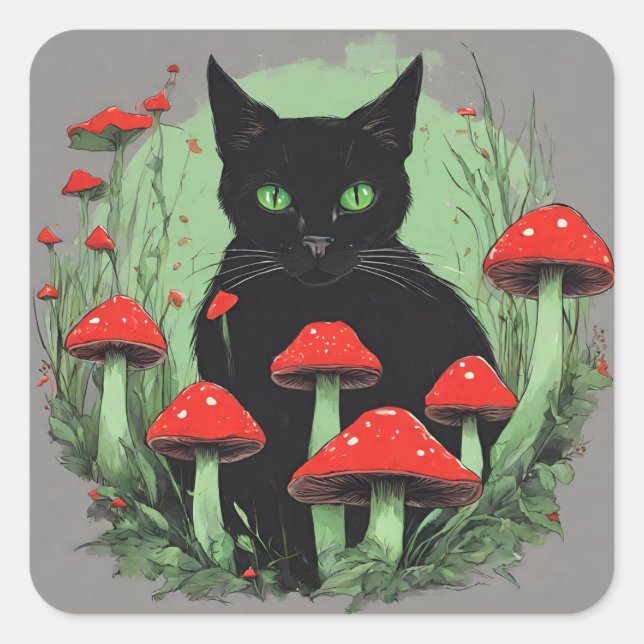 Pegatina Cuadrada Gato negro y hongos salvajes del bosque rojo (Anverso)