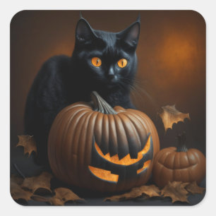 Pegatina Cuadrada Gato negro y Jack-O-Lantern