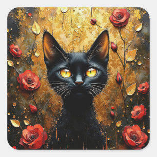 Pegatina Cuadrada Gato negro y rosas