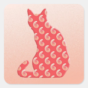 Pegatina Cuadrada Gato Paisley - tonos de naranja de coral