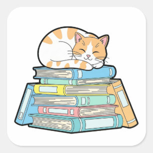 Pegatina Cuadrada Gato Perezoso sobre Libros – Ilustración Acogedora