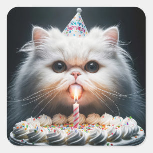 Pegatina Cuadrada Gato persa con un pastel de cumpleaños