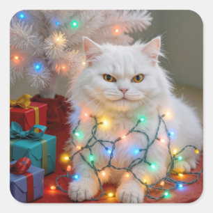 Pegatina Cuadrada Gato Persa de Navidad enredado en luces navideñas