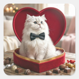 Pegatina Cuadrada Gato Persa de San Valentín en caja de bombones de 