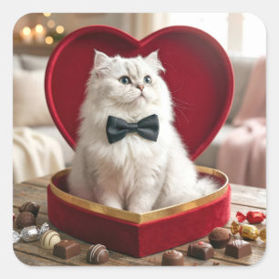 Pegatina Cuadrada Gato Persa de San Valentín en caja de bombones de 
