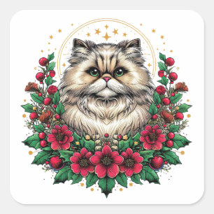 Pegatina Cuadrada Gato persa lindo, Kitty persa floral