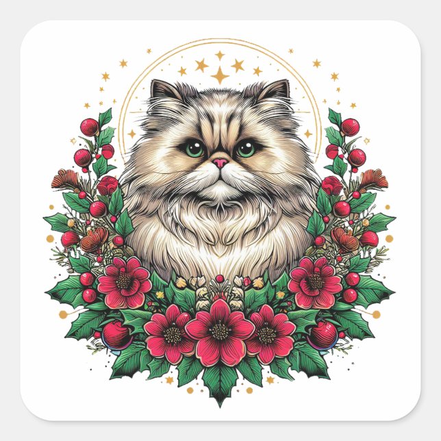 Pegatina Cuadrada Gato persa lindo, Kitty persa floral (Anverso)