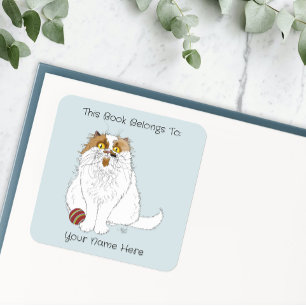 Pegatina Cuadrada Gato Persa Lindo y Esponjoso Libro Azul con Meow D