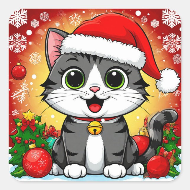 Pegatina Cuadrada Gato personalizado en Sombrero Santa con decoració (Anverso)