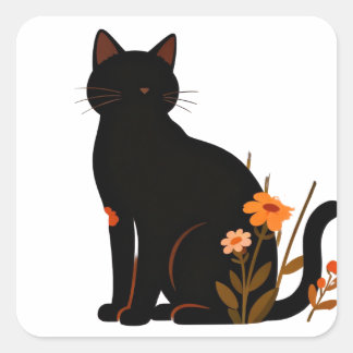 Pegatina Cuadrada Gato preto do ortorno florido