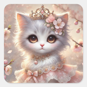 Pegatina Cuadrada Gato Princesa de Flor Rosa