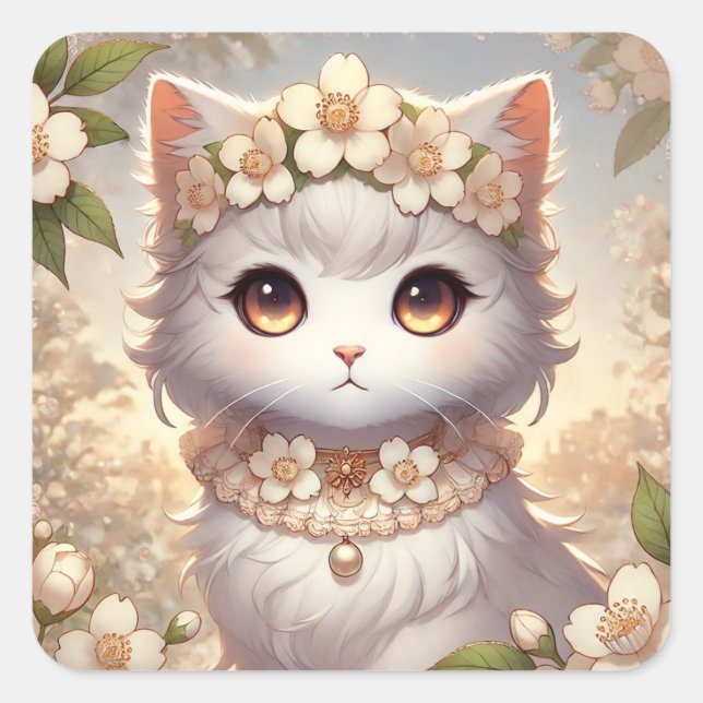 Pegatina Cuadrada Gato Princesa de Flores de Primavera Blanca (Anverso)