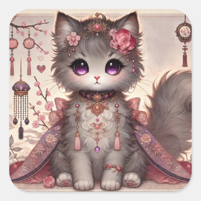 Pegatina Cuadrada Gato Princesa de Kimono Rosa (Anverso)