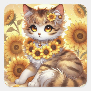 Pegatina Cuadrada Gato Princesa del Tabby del girasol de verano
