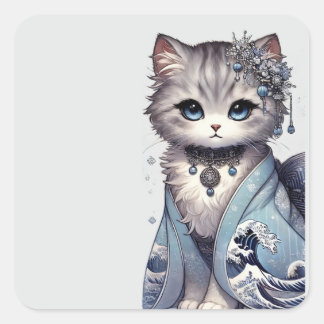 Pegatina Cuadrada Gato Princesa Japonesa de Gran Ola Kimono