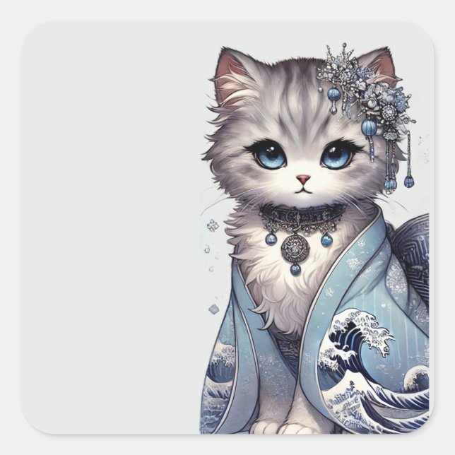Pegatina Cuadrada Gato Princesa Japonesa de Gran Ola Kimono (Anverso)