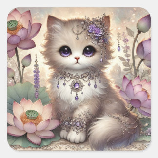 Pegatina Cuadrada Gato Princesa Lotus Jewel Púrpura