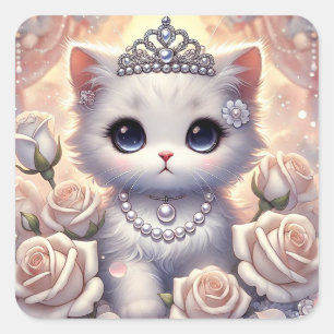 Pegatina Cuadrada Gato Princesa Rosa Blanca