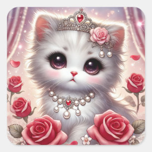 Pegatina Cuadrada Gato Princesa Rosa Roja Rosa Rosa