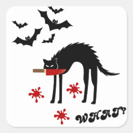 Pegatina Cuadrada ¿Gato Qué? Gato negro asesino con cuchillo