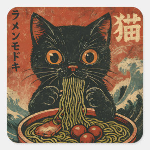 Pegatina Cuadrada Gato Ramen japonés gracioso gráfico Kawaii Cat Ani