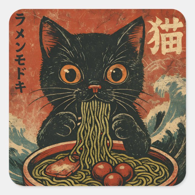 Pegatina Cuadrada Gato Ramen japonés gracioso gráfico Kawaii Cat Ani (Anverso)