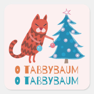 Pegatina Cuadrada Gato recortando el árbol de Navidad