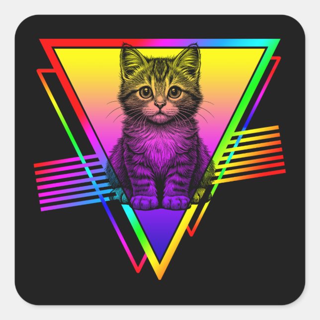 Pegatina Cuadrada Gato Retro Adorable (Anverso)