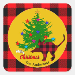 Pegatina Cuadrada Gato rústico, árbol de Navidad, nombre de la famil