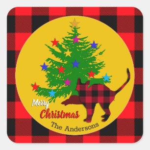 Pegatina Cuadrada Gato rústico, árbol de Navidad, nombre de la famil