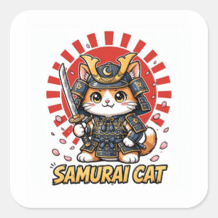 Pegatina Cuadrada Gato Samurái Anime Guerrero Japonés Cereza
