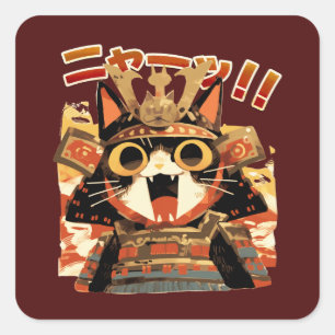 Pegatina Cuadrada Gato samurai lindo en la armadura