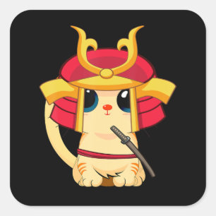 Pegatina Cuadrada Gato samurai lindo japonés anime cosplay halloween