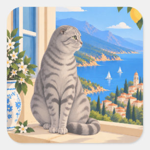 Pegatina Cuadrada Gato Scottish Fold Silver Tabby