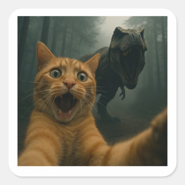 Pegatina Cuadrada Gato Selfie Con Comedia Animal Dinosaurio T-Rex (Anverso)