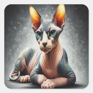 Pegatina Cuadrada Gato Sfinx Realista, Gato Sphynx sin Cabello