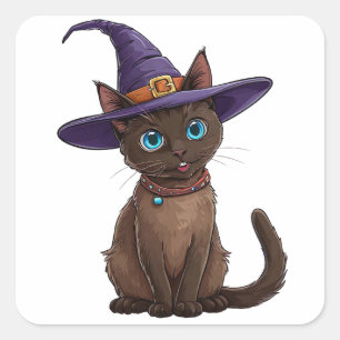 Pegatina Cuadrada Gato siamés adorable con sombrero de bruja