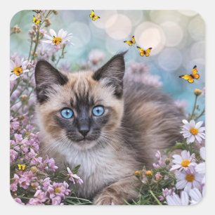 Pegatina Cuadrada Gato siamés con mariposas y flores