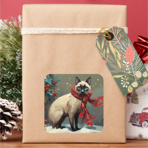 Pegatina Cuadrada Gato siamés en Navidad de nieve